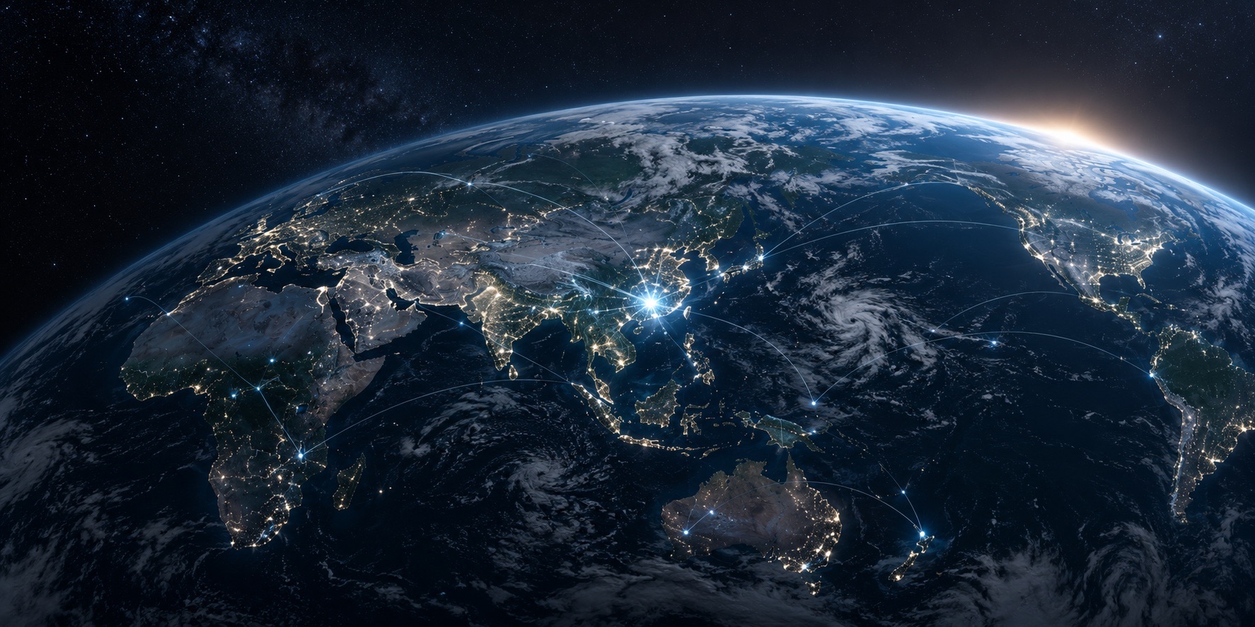 Illustrative orbital night view of the world with illuminated regions